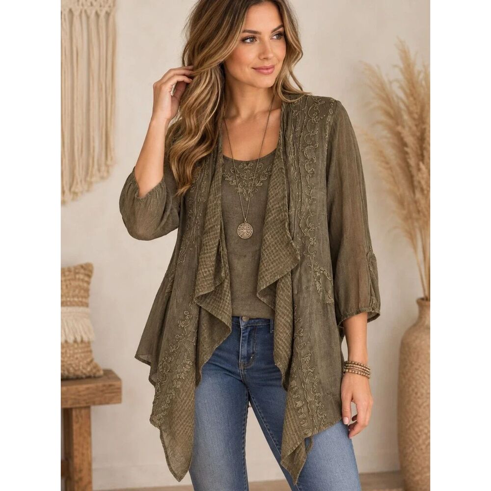 Young Threads Embroidered Asymmetric Open-Front Cardigan in Gravel Size Large